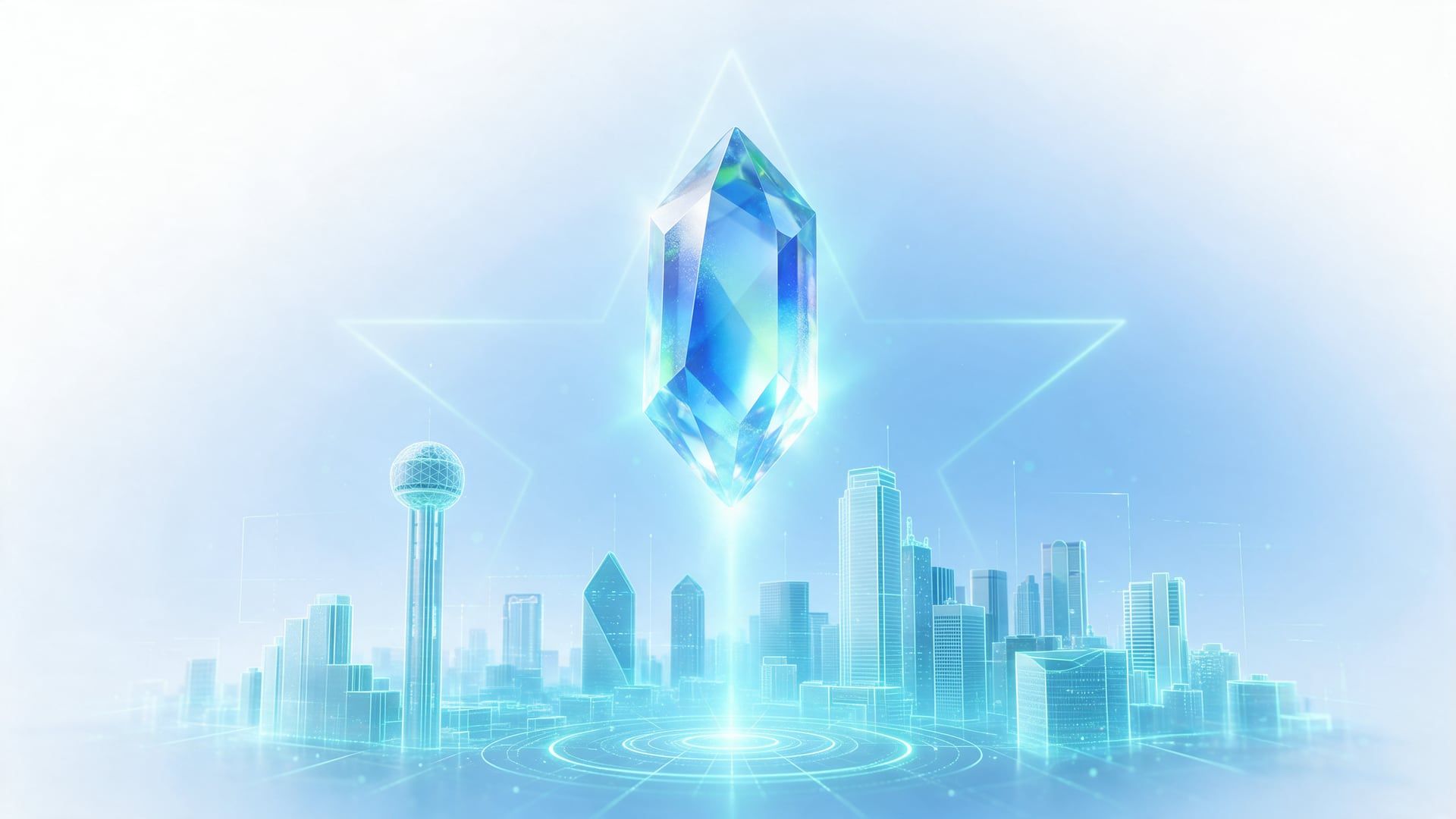 A faceted iridescent data crystal floating above a holographic wireframe Dallas skyline with Reunion Tower